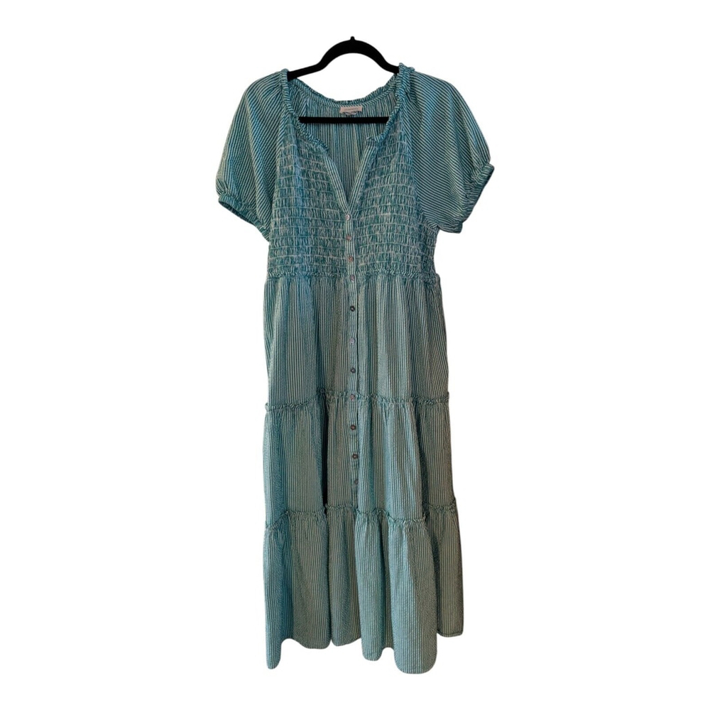 Sundance Topsail Striped Green & White Smocked Tiered Boho Dress Small - Picture 2 of 8